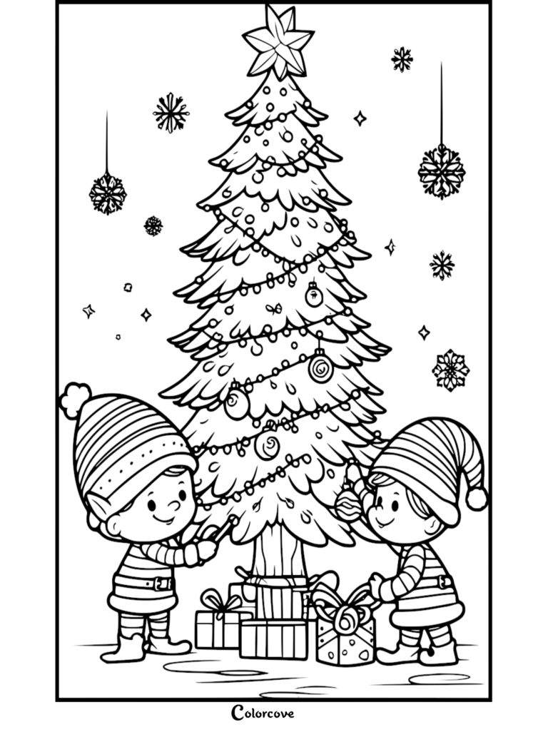 Dos elfos lindos decorando un alto Árbol de Navidad con adornos y regalos en esta página para colorear imprimible gratuita.
