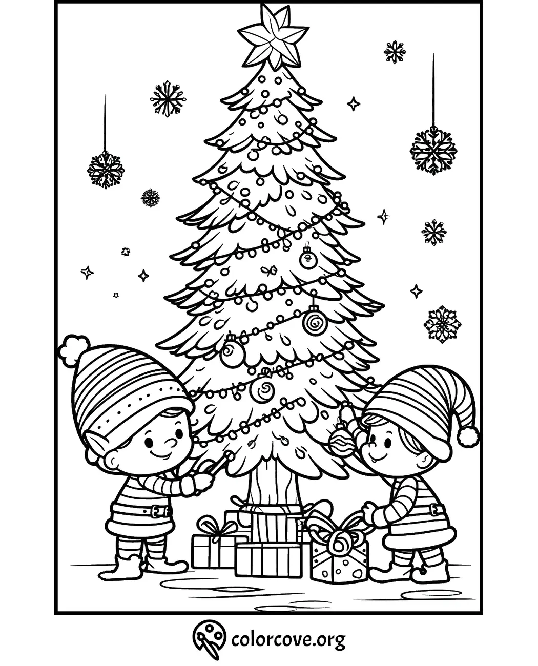 Kids decorating Christmas tree coloring page with gifts and ornaments, perfect festive holiday activity.