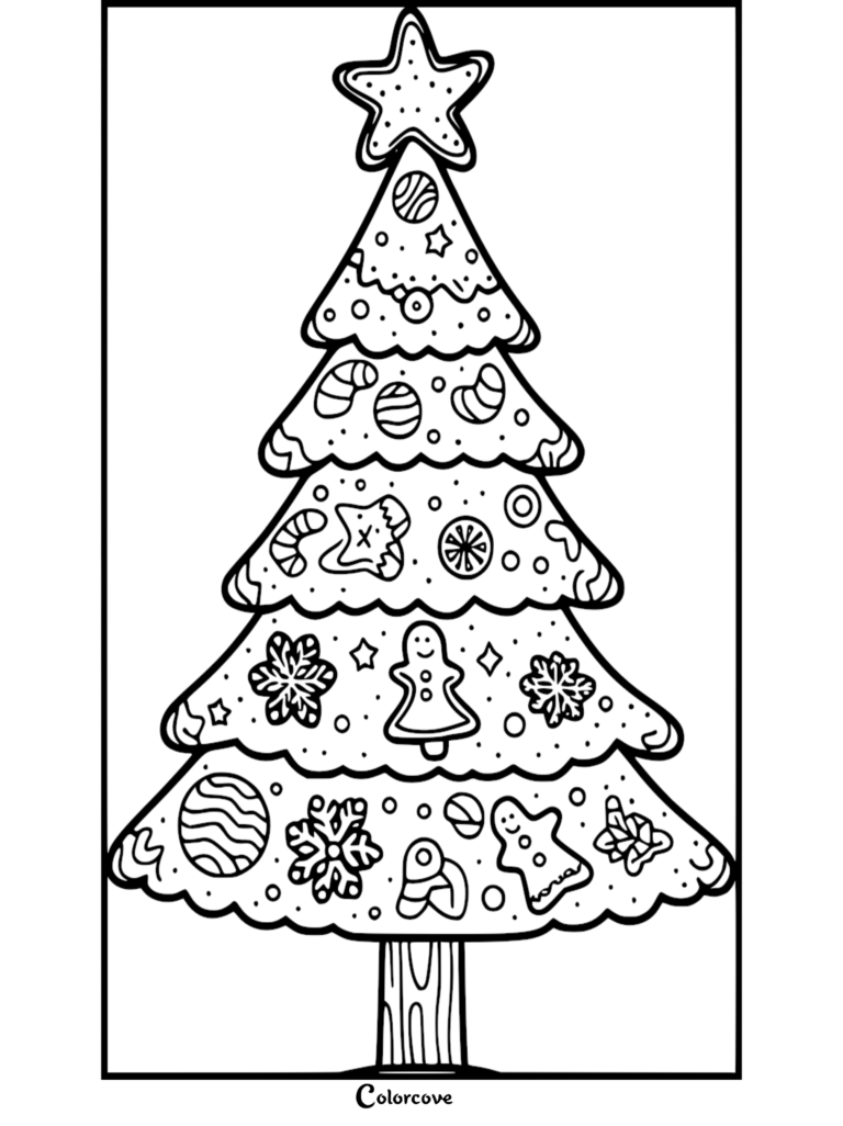 Página para colorear de un Árbol de Navidad decorada con Hombres de jengibre, bastones de caramelo y adornos de copos de nieve.