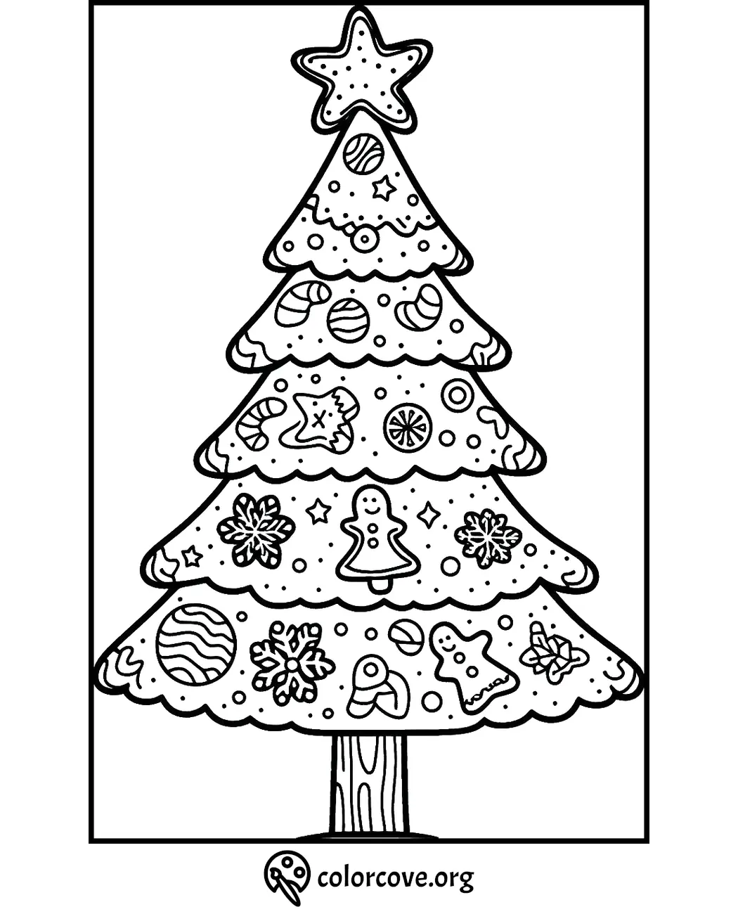 Christmas tree coloring page with ornaments, candy canes, and gingerbread. Ideal festive activity for kids.