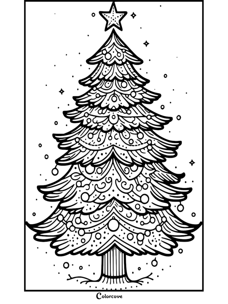 Una página para colorear detallada de un Árbol de Navidad que presenta adornos intrincados, patrones en remolino y una estrella de la copa grande rodeada de nieve que cae.