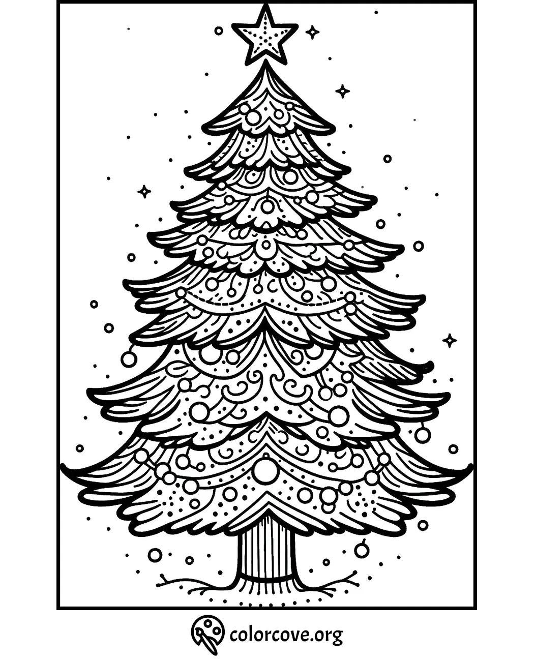 Coloring page of a festive Christmas tree with star and ornaments, perfect for holiday fun and creativity.