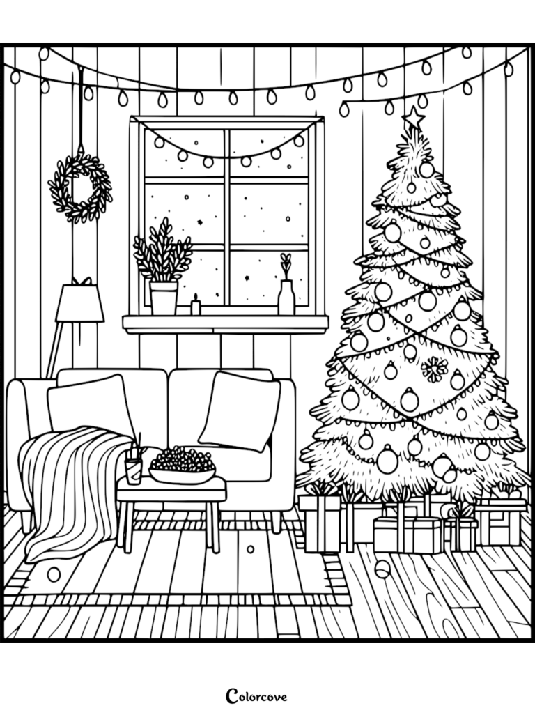 Una acogedora escena de sala de estar con un Árbol de Navidad decorado, regalos y una vista de la ventana como página para colorear imprimible.
