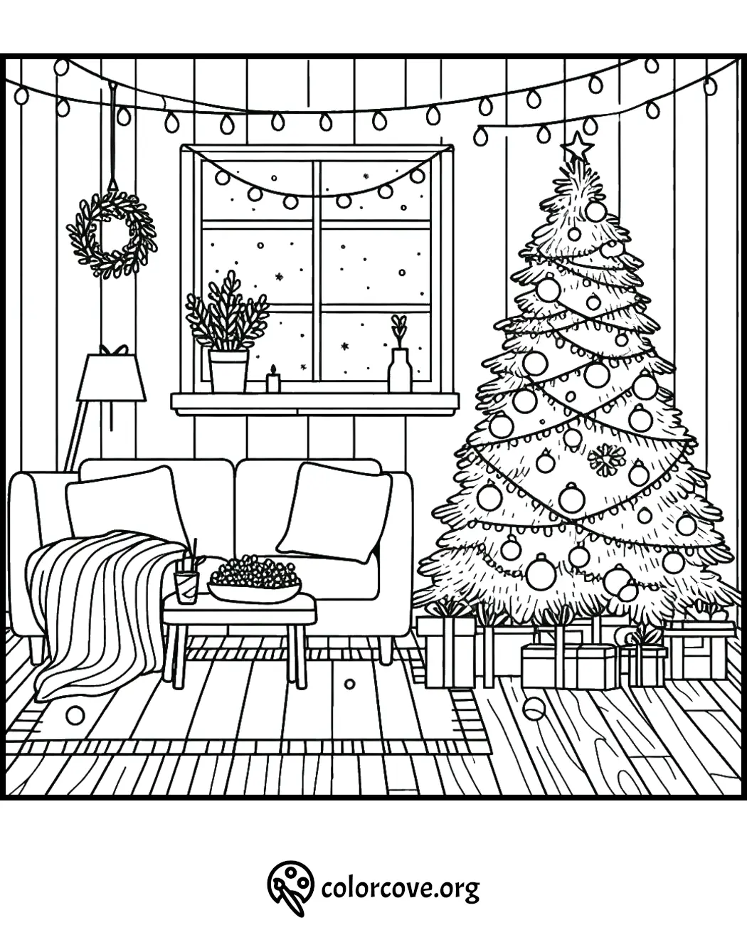 Cozy living room with Christmas tree, gifts, sofa, and holiday decor coloring page. Perfect for festive creativity.