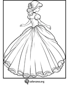 Princess in an elegant gown coloring page, perfect for kids' creative activities and fun coloring.