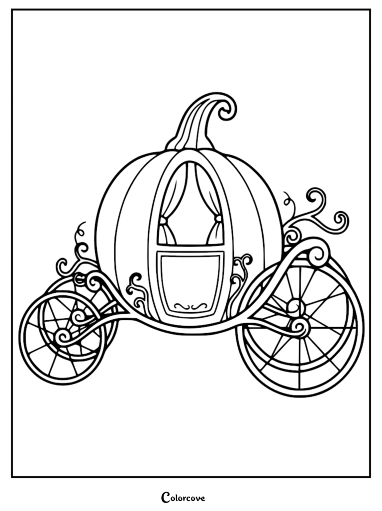 Cinderella pumpkin carriage with ornate wheels and curtains in a printable coloring page format