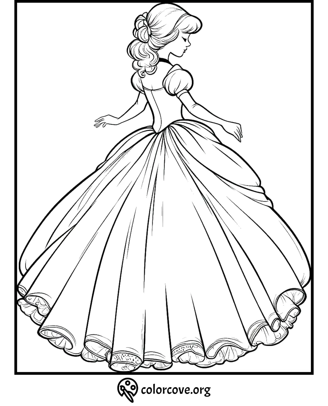 Princess in an elegant gown coloring page, perfect for kids' creative activities and fun coloring.