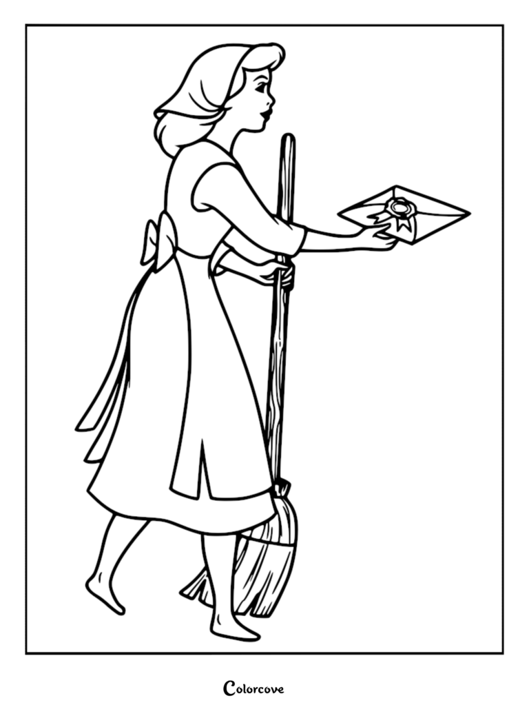 Cinderella holding a broom and a royal invitation in this printable coloring page.