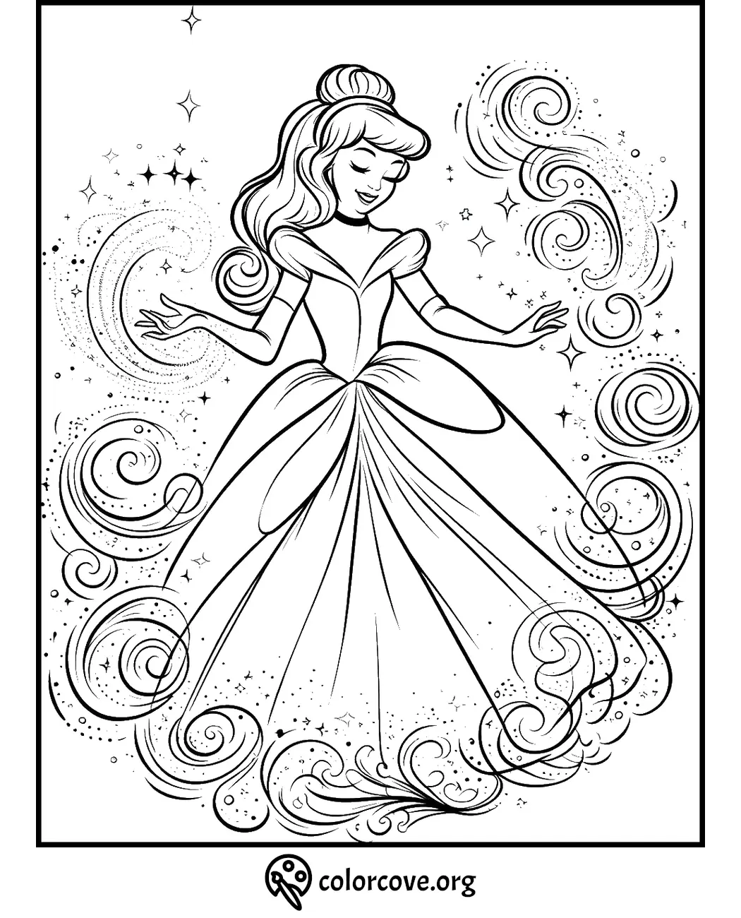 Fairy tale princess coloring page with flowing gown, swirling patterns, and sparkling stars. Perfect for creative kids.