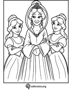 Coloring page with three princesses wearing elegant gowns, featuring intricate details and hairstyles.