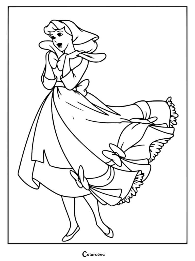 Cinderella holding the pink dress in this printable coloring page featuring her elegant gown with bows.