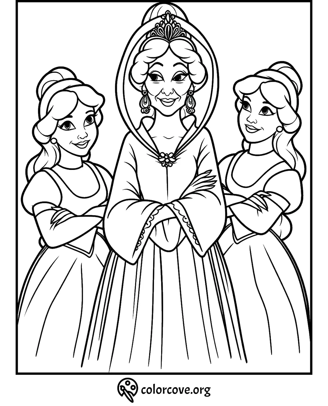 Coloring page with three princesses wearing elegant gowns, featuring intricate details and hairstyles.