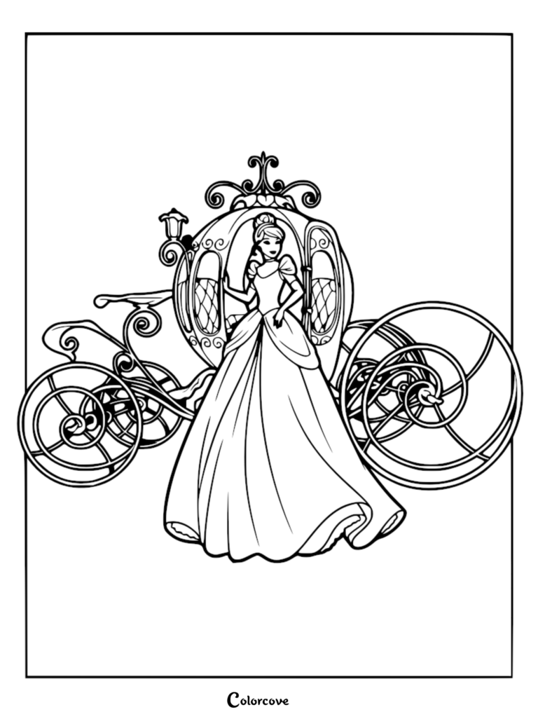 Cinderella standing in front of her ornate pumpkin carriage in this printable coloring page.
