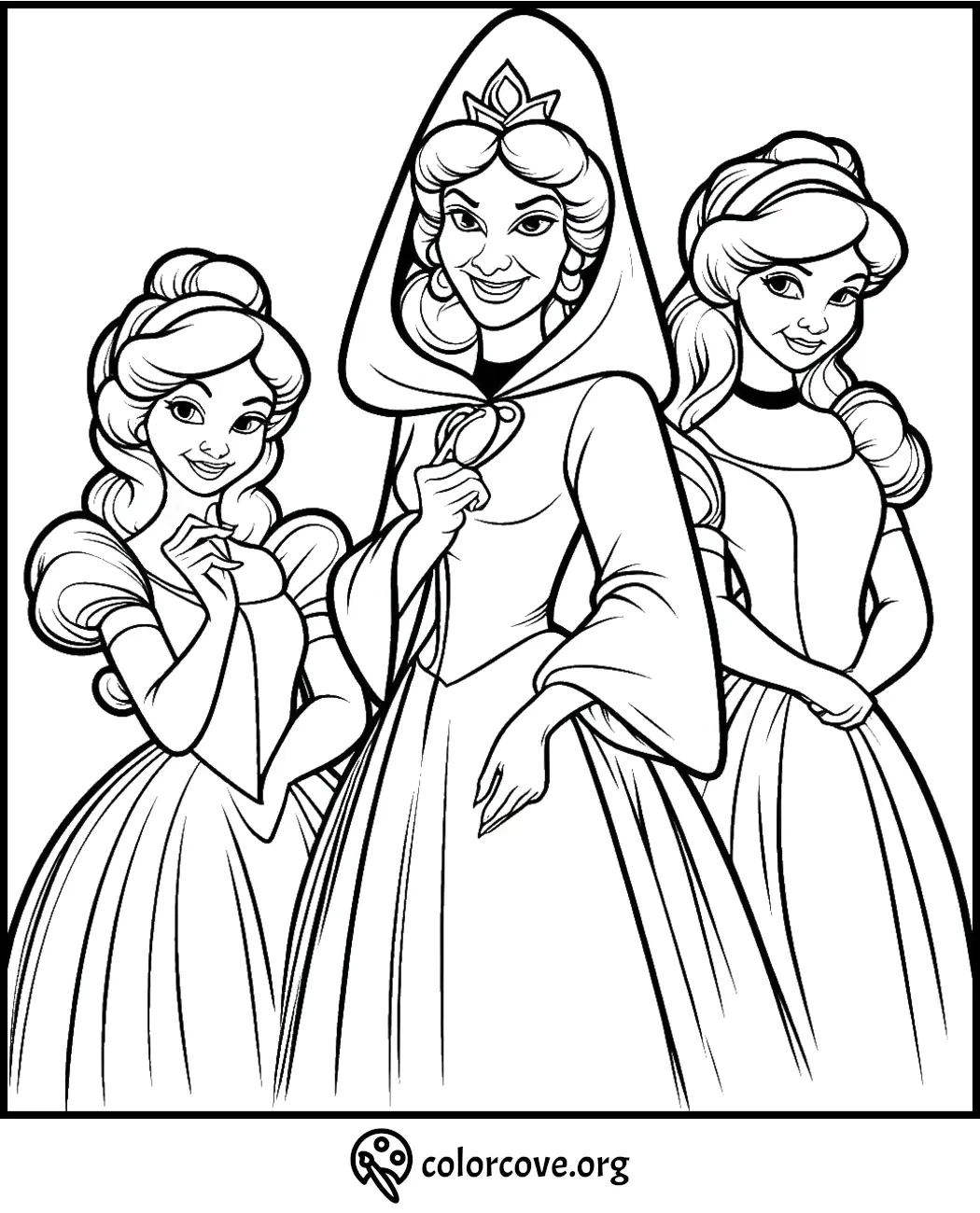 Three princesses in elegant gowns on a coloring page, ready to be colored with creativity.