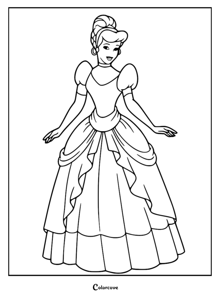 Cinderella wearing her iconic ball gown with puffed sleeves and an elegant updo hairstyle in a printable coloring page.