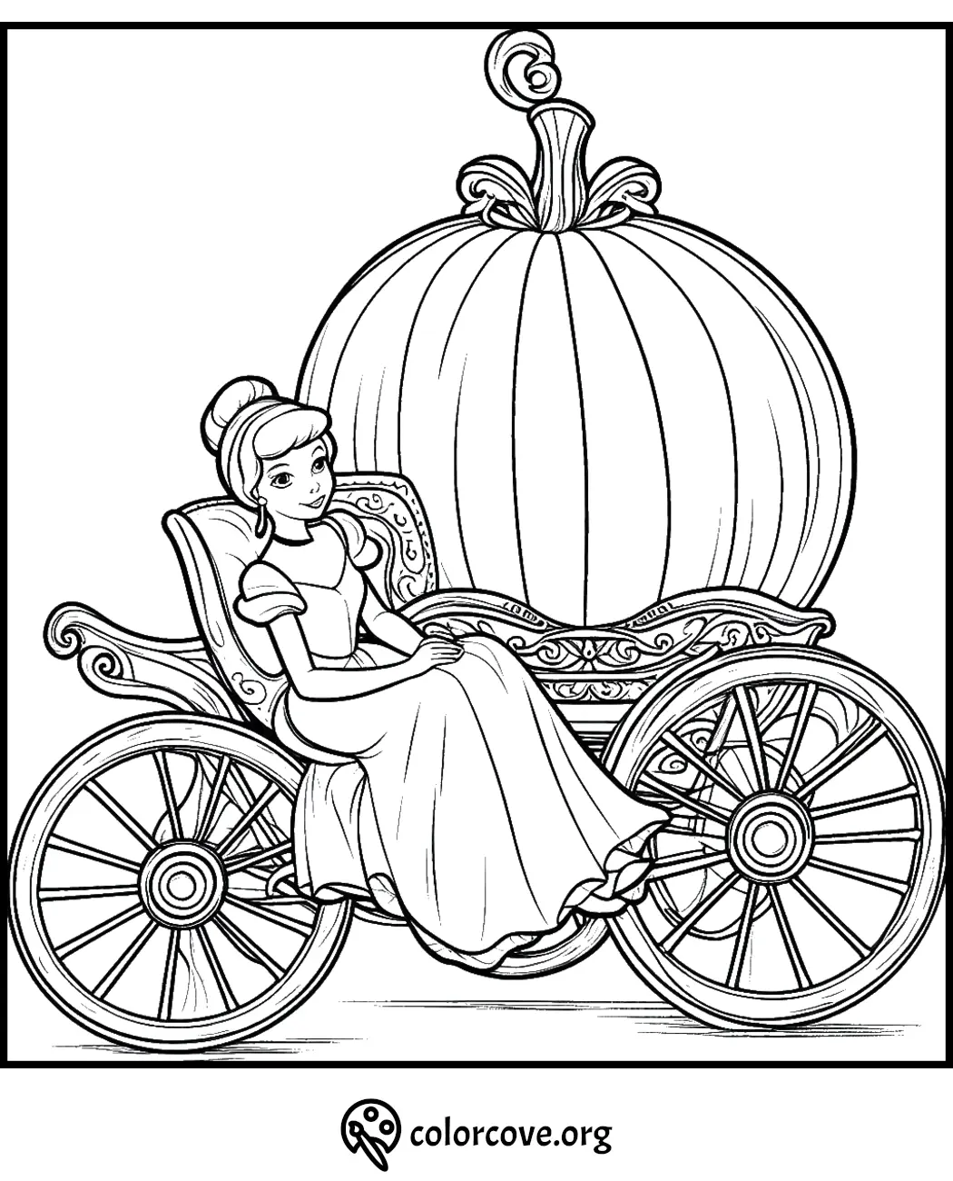 Princess on a pumpkin carriage coloring page; fantasy art for kids' creativity and fun.