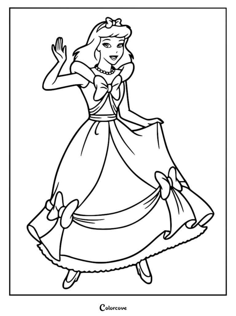 Cinderella in her lovely pink dress coloring page featuring the princess waving and holding her skirt