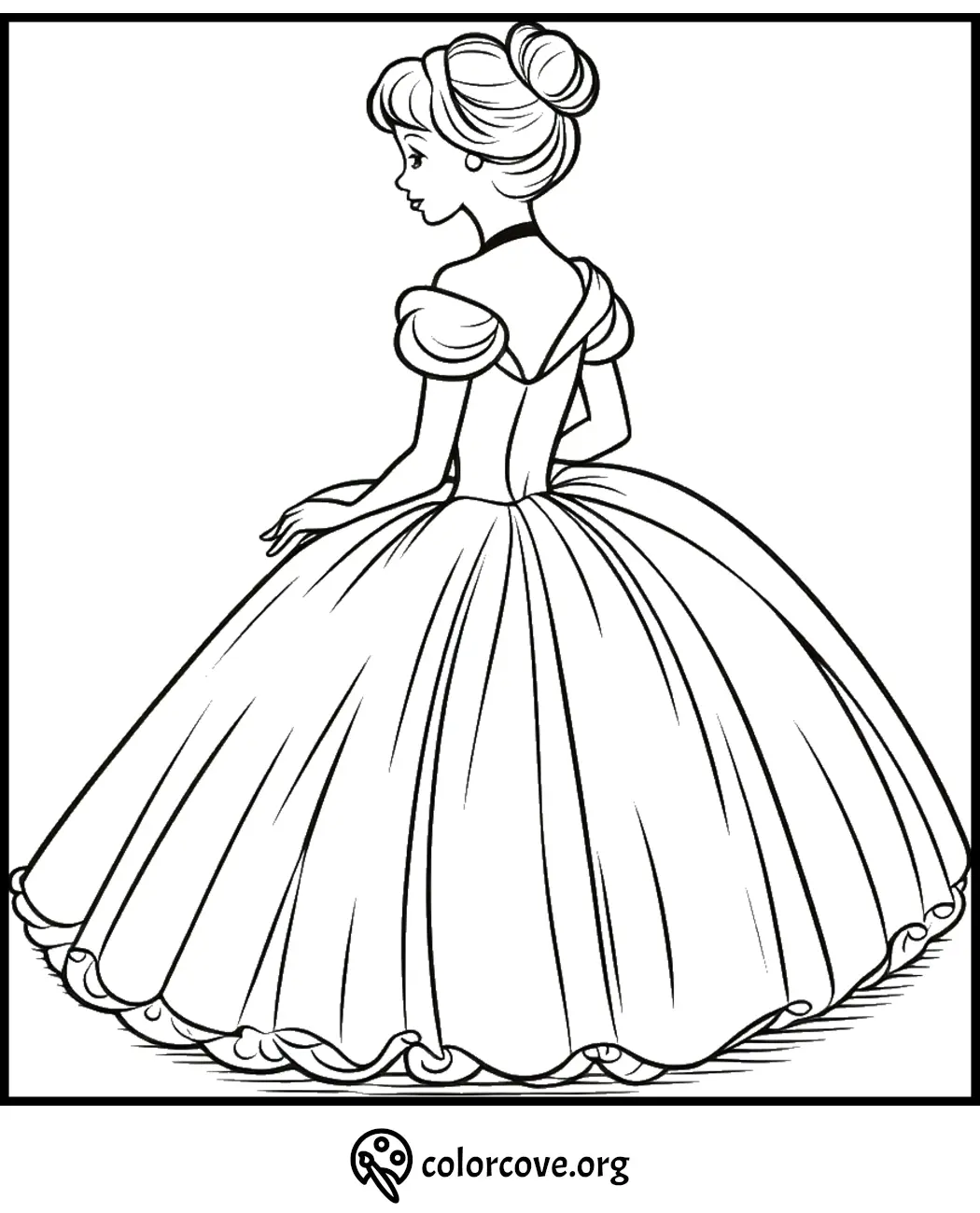 Princess coloring page with elegant gown, perfect for kids' creative fun.