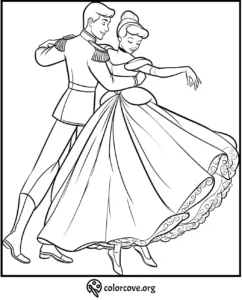 Couple dancing in elegant attire, coloring page for kids. Perfect for creativity and fun activities.