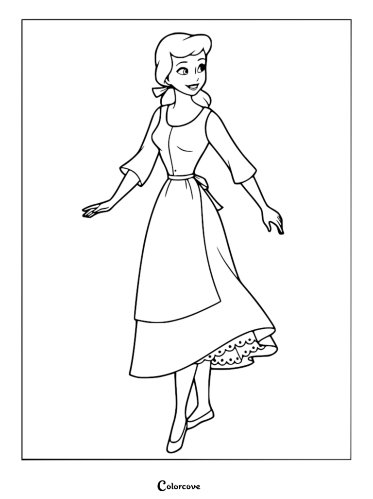 Cinderella wearing her simple maid outfit with an apron, shown in a printable coloring page format.