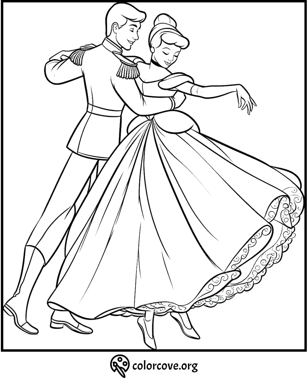 Couple dancing in elegant attire, coloring page for kids. Perfect for creativity and fun activities.