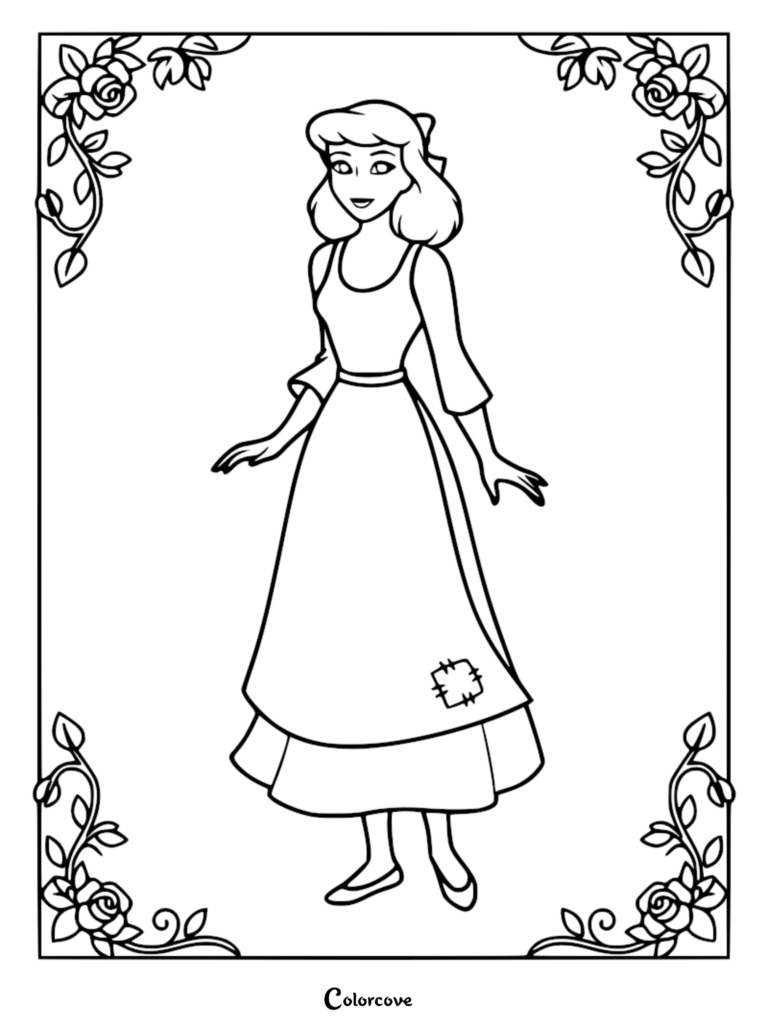 Cinderella in her maid outfit coloring page featuring a simple dress with a patch in a rose-bordered frame.