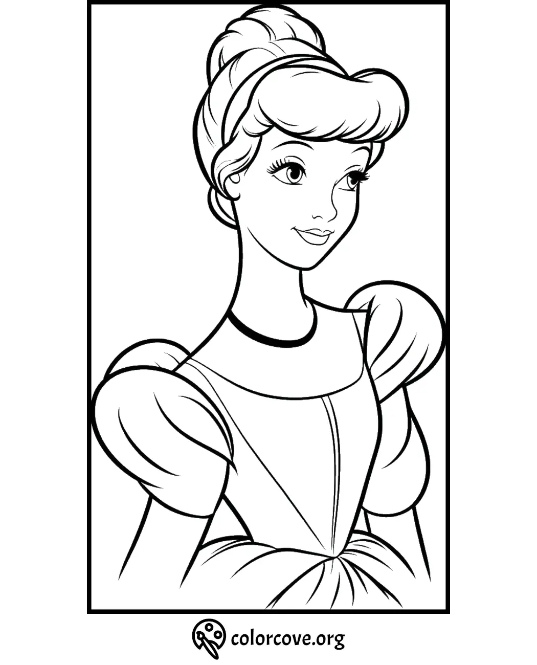 Princess coloring page with elegant gown and hairstyle, perfect for kids' creative activities and fun coloring sessions.