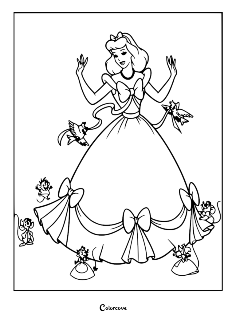 Cinderella wearing a bow-adorned gown surrounded by her animal friends in this printable coloring page.