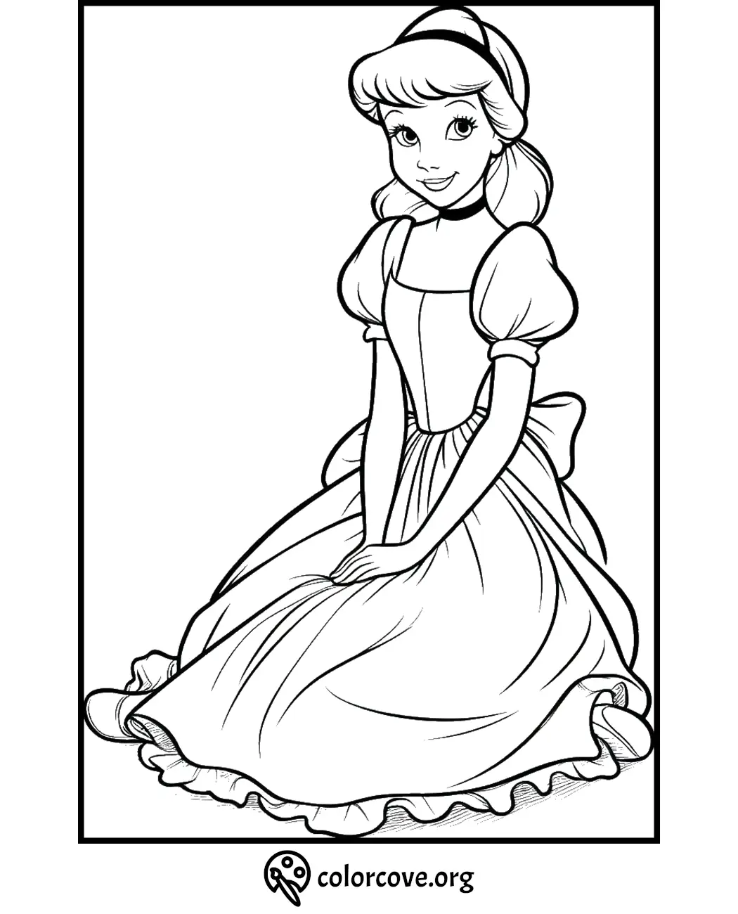 Princess coloring page for kids featuring a girl in a gown, perfect for creative coloring fun.