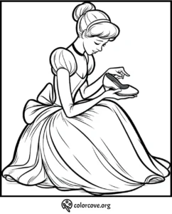Princess holding slipper coloring page, elegant dress and bun hairstyle, free printable for kids at colorcove.org