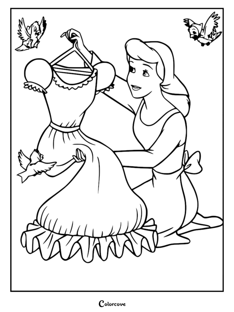 Cinderella kneeling and holding a pink dress on a hanger with birds nearby in this printable coloring page.