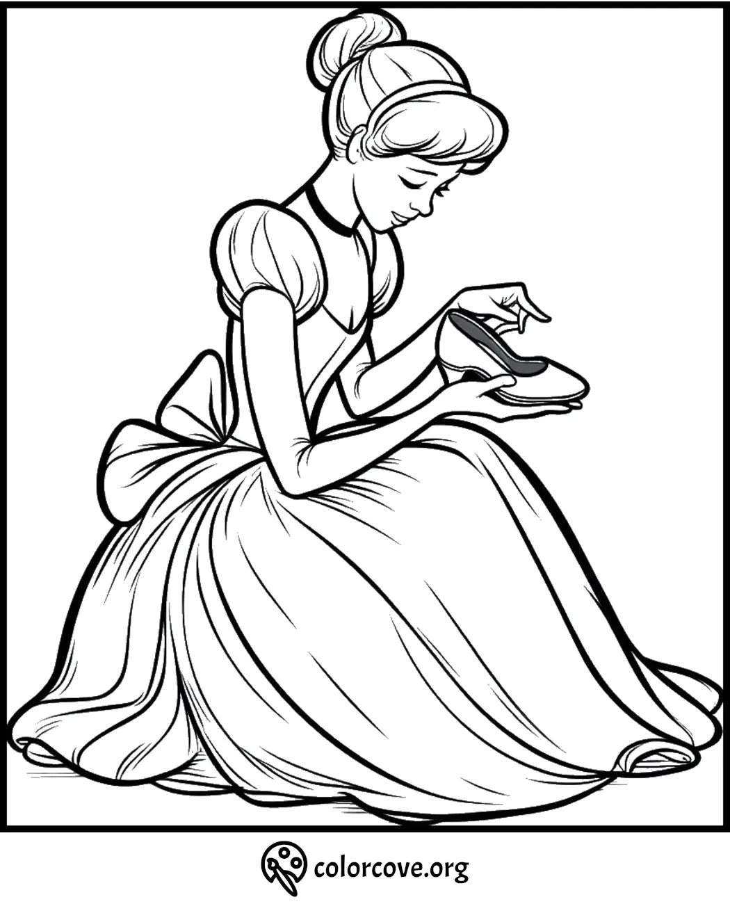 Princess holding slipper coloring page, elegant dress and bun hairstyle, free printable for kids at colorcove.org