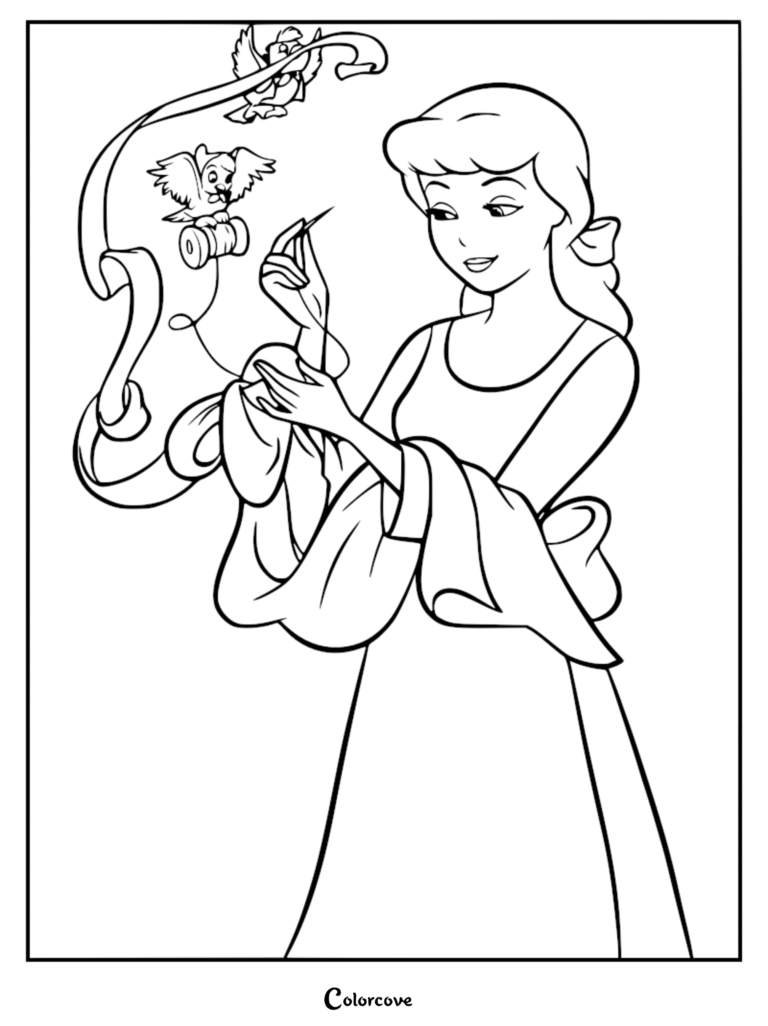 Cinderella sewing a pink ribbon with the help of two blue birds in this printable coloring page.