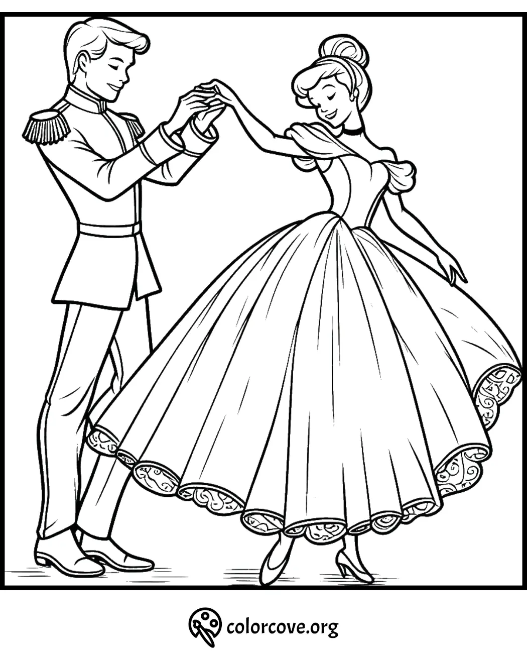 Princess and prince dancing coloring page, perfect for kids' creative activities. Download and color online.