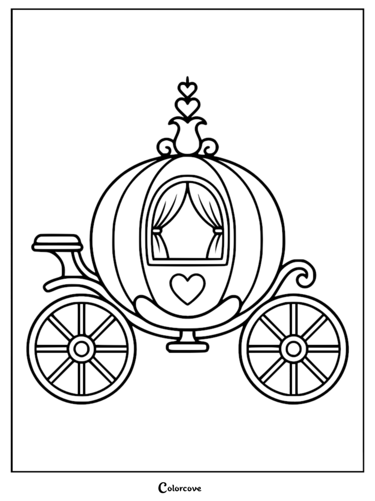 Cinderella pumpkin carriage with heart accents and curtains coloring page