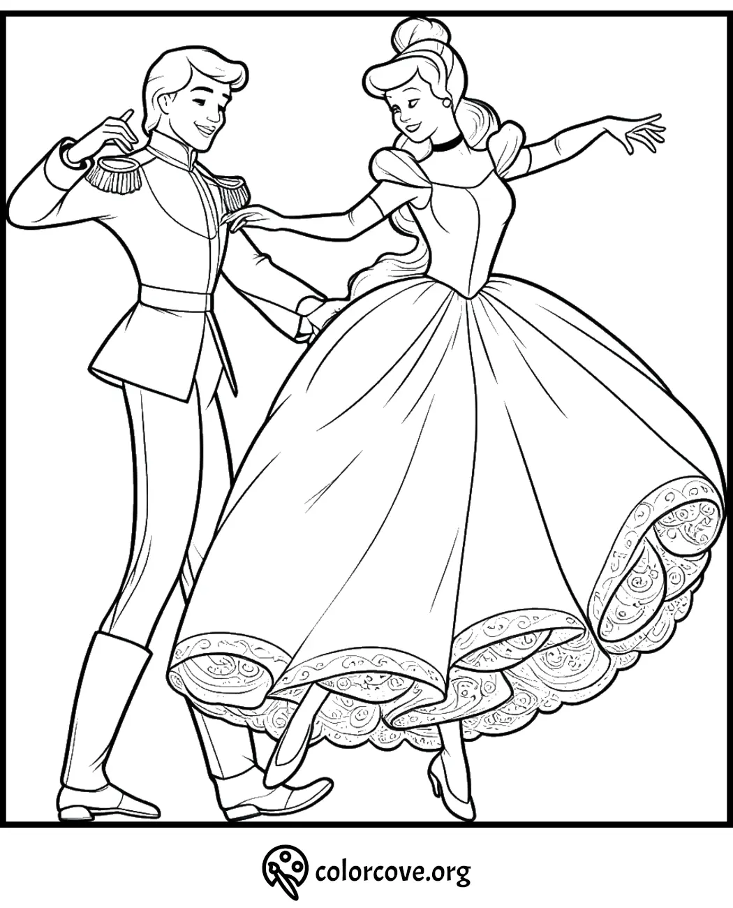 Coloring page of a dancing couple in elegant attire, featuring intricate dress details. Perfect for kids' creative fun.