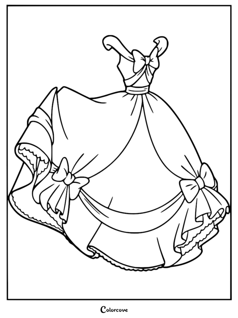 Detailed line art of Cinderella's iconic ballgown featuring off-the-shoulder sleeves and decorative bows on a printable coloring page.