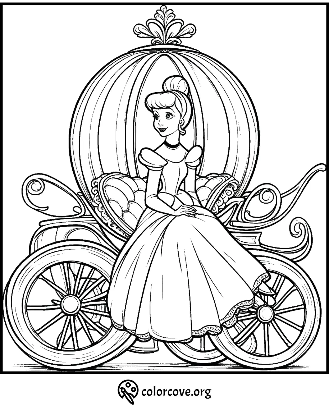 Princess sitting in a pumpkin-shaped carriage coloring page, perfect for kids' creative activities.