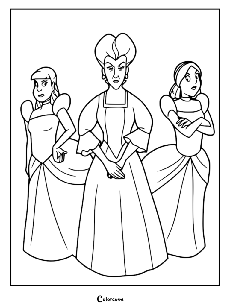 Lady Tremaine standing between Anastasia and Drizella in this printable coloring page.