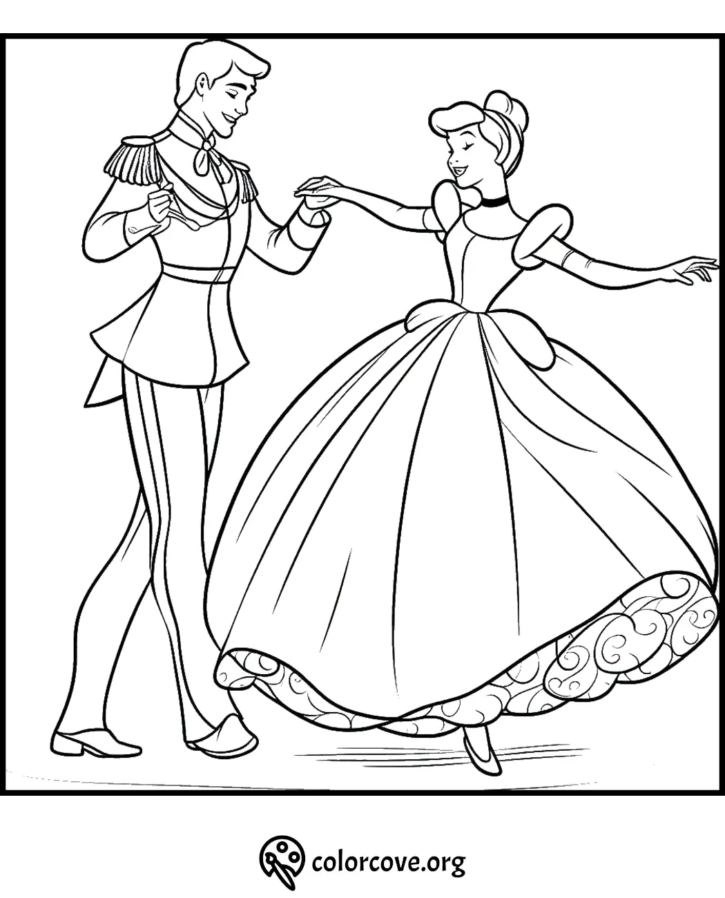 Prince and princess dancing coloring page, featuring elegant outfits and graceful poses.