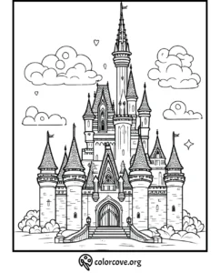 Fairy tale castle coloring page with towers, clouds, and stars for kids' creative fun.
