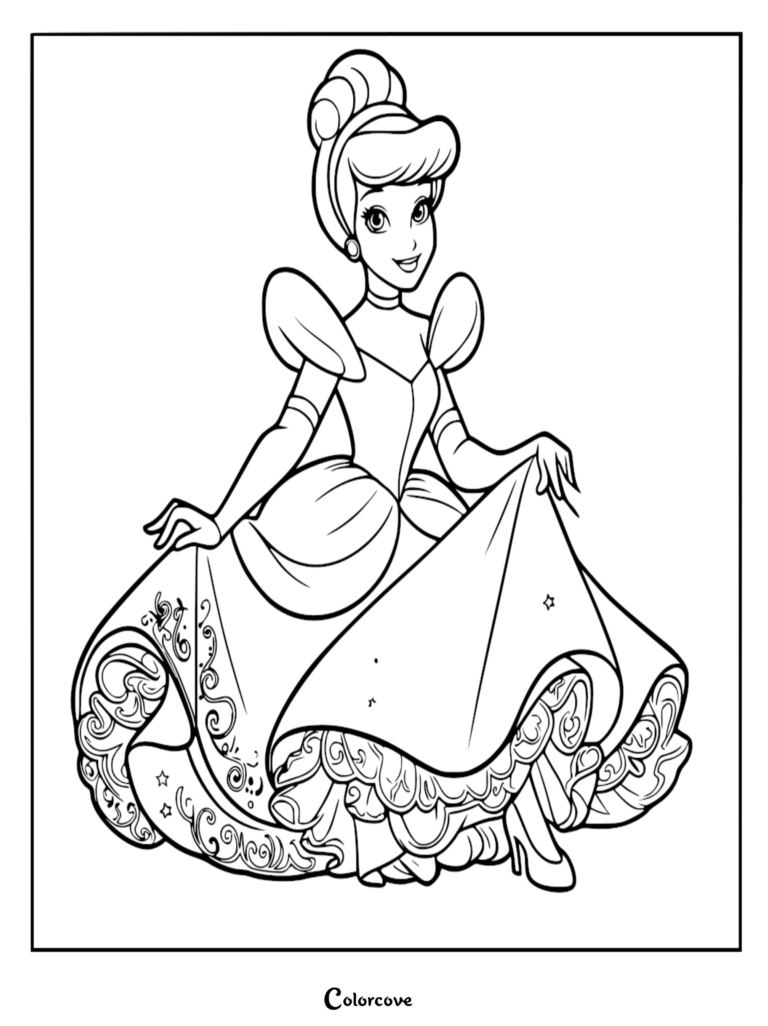 Cinderella wearing her elegant ballgown with intricate skirt details in a printable coloring page.