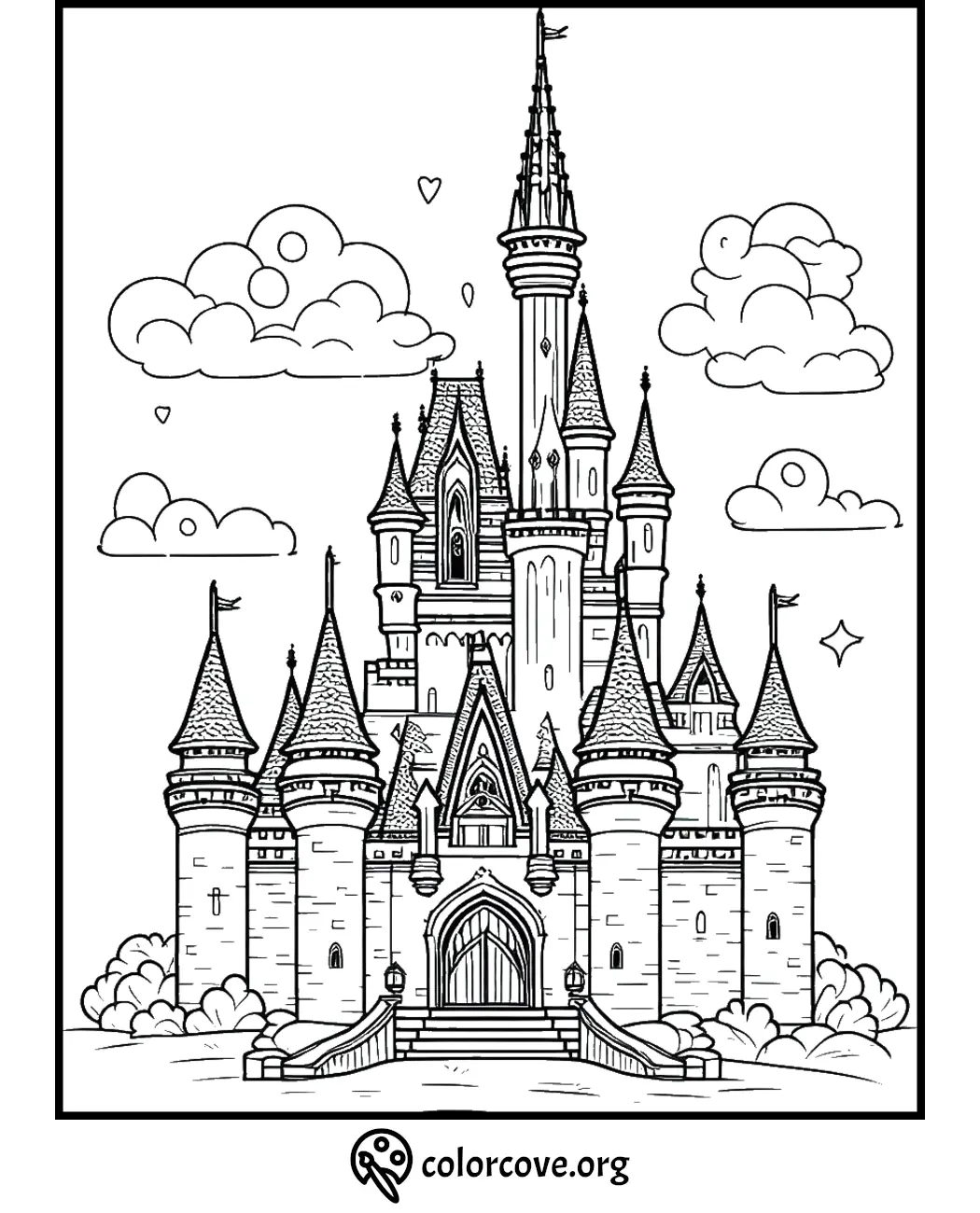 Fairy tale castle coloring page with towers, clouds, and stars for kids' creative fun.