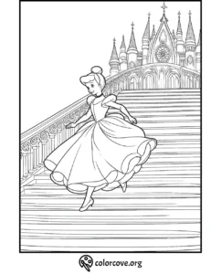 Princess in gown descending castle stairs coloring page.