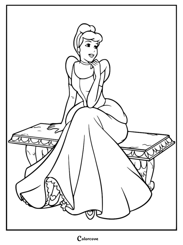 Cinderella sitting gracefully on an ornate stone bench, line art coloring page.