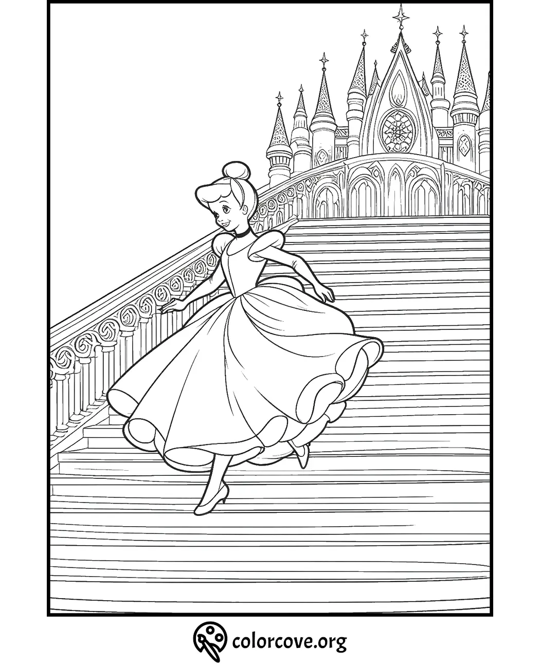 Princess in gown descending castle stairs coloring page.