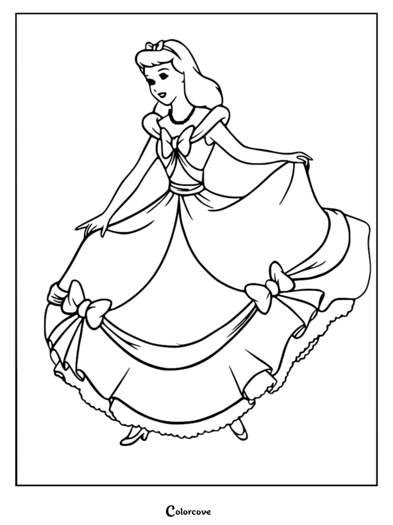Cinderella wearing her iconic ball gown with bows in this printable coloring page.