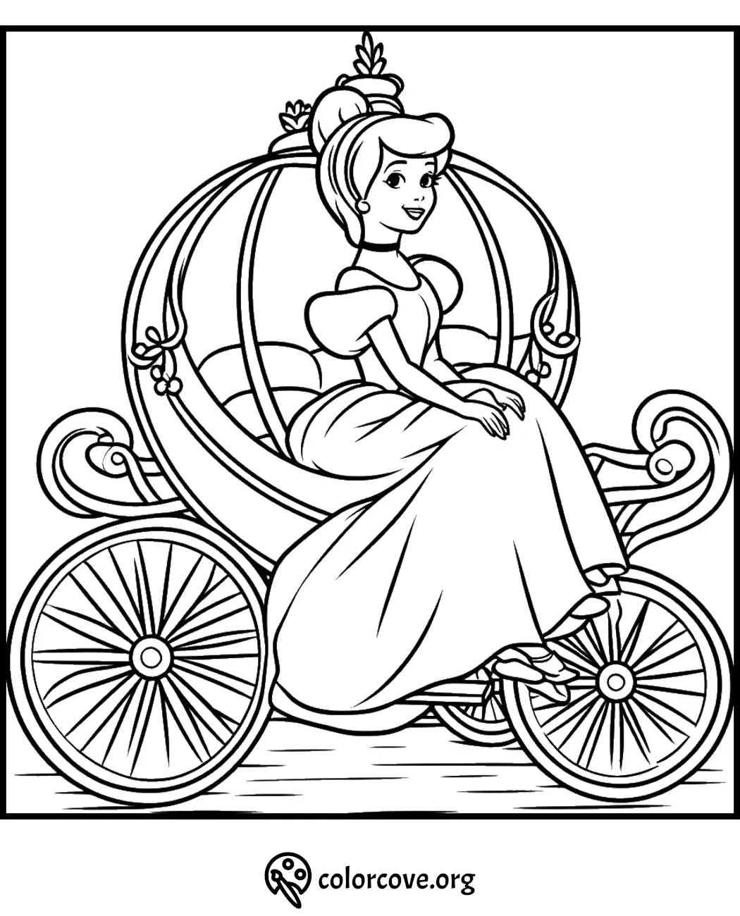 Princess in a carriage coloring page, featuring intricate designs and a royal gown. Perfect for kids' creative fun.