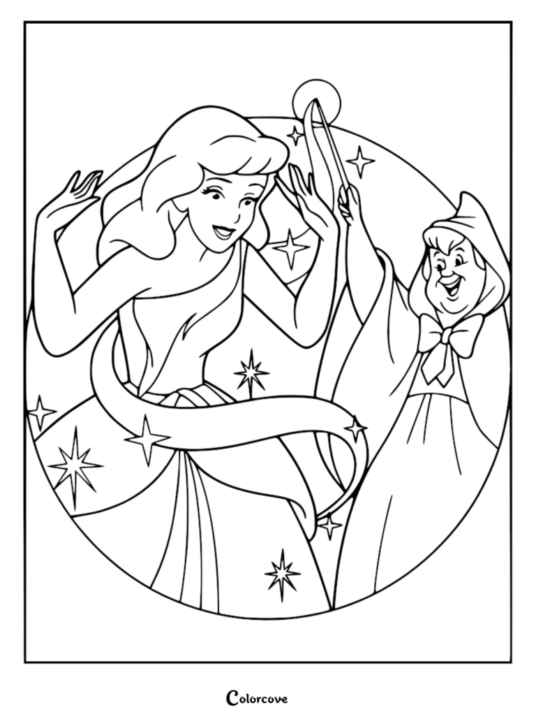 Fairy Godmother using her magic wand to transform Cinderella's rags into a beautiful gown in this printable coloring page.