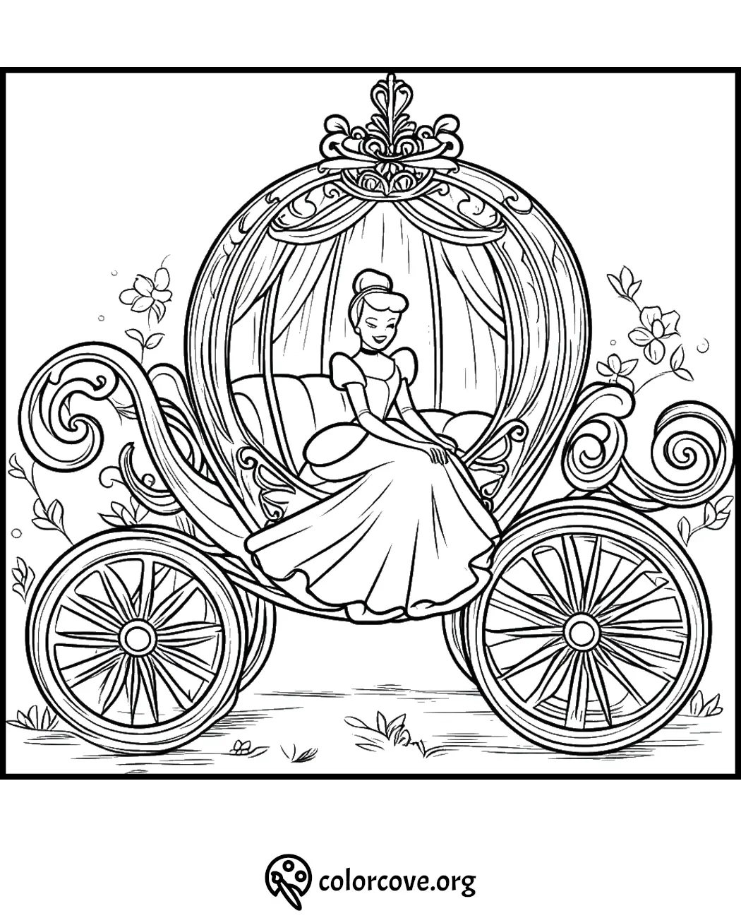 Princess in a pumpkin carriage coloring page with detailed wheels and floral accents. Perfect for kids' creative fun.